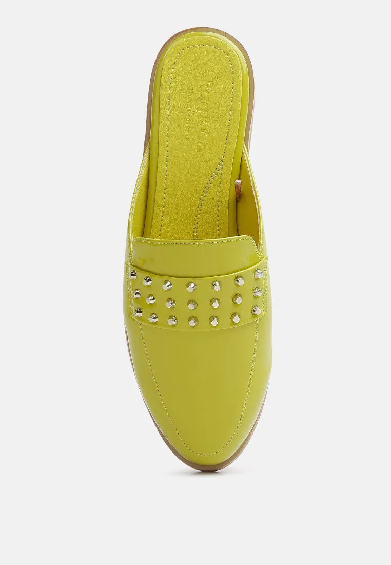 YASHTA Lime Green Patent Studded Flat Mules