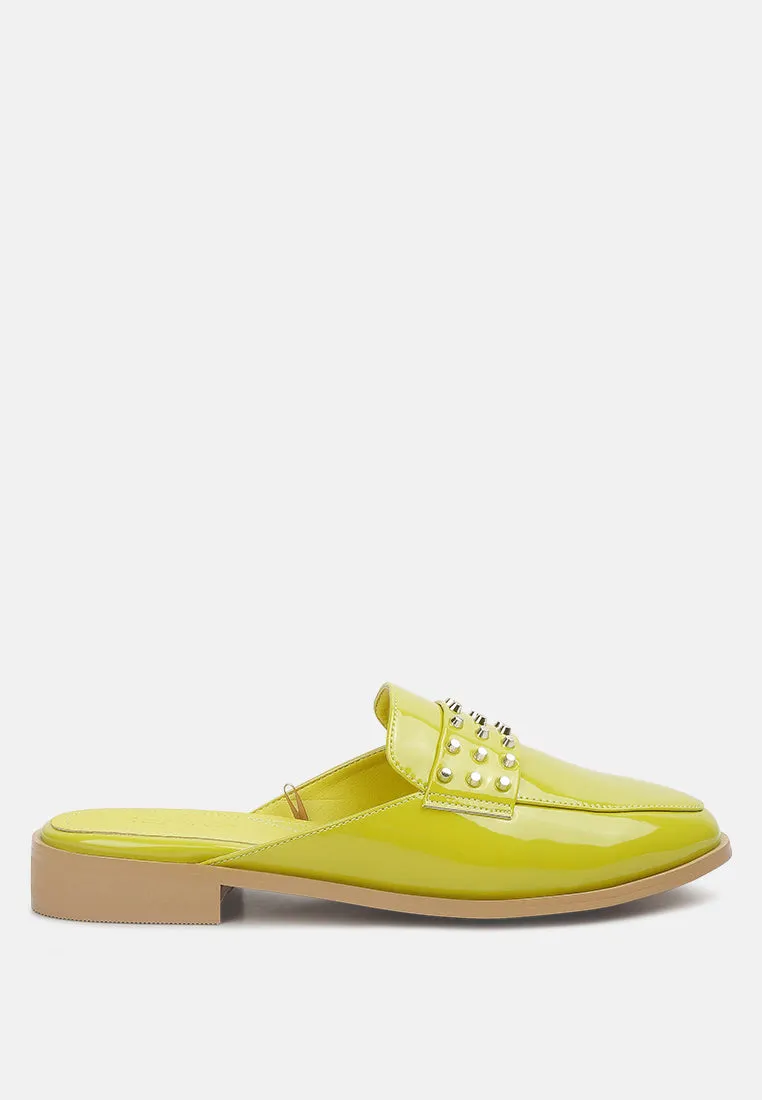 YASHTA Lime Green Patent Studded Flat Mules