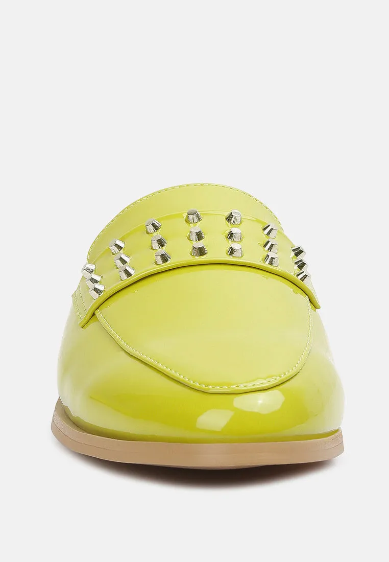 YASHTA Lime Green Patent Studded Flat Mules